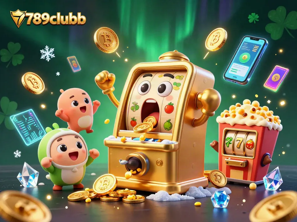 Experience winnings with 789clubb, featuring a golden slot machine celebrating a jackpot amidst shining coins and crypto elements.