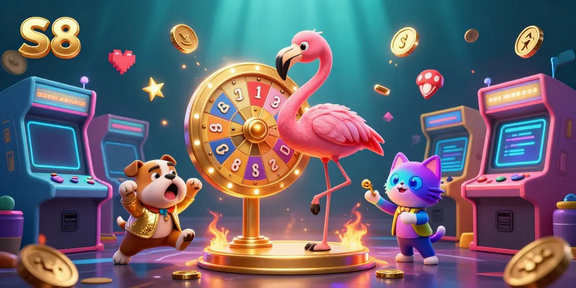 Experience thrilling gameplay at S8 with exciting prize wheels surrounded by animated gaming elements.