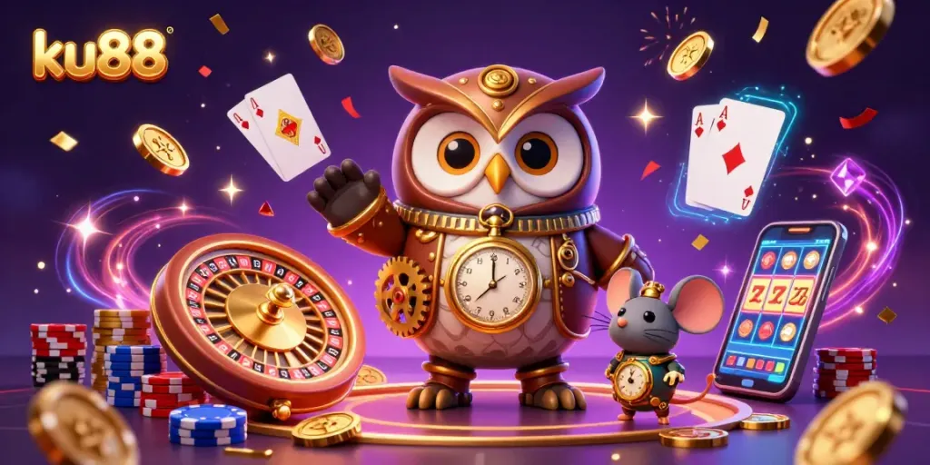 Engage with ku88's stunning time-traveling owl in a vibrant casino scene filled with spinning roulette wheels and colorful chips.