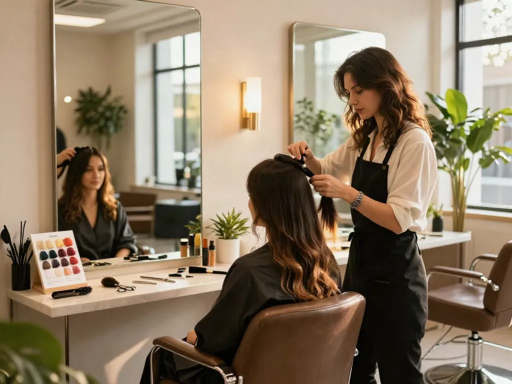 Application of hair extensions in a chic salon setting enhances beauty and style.