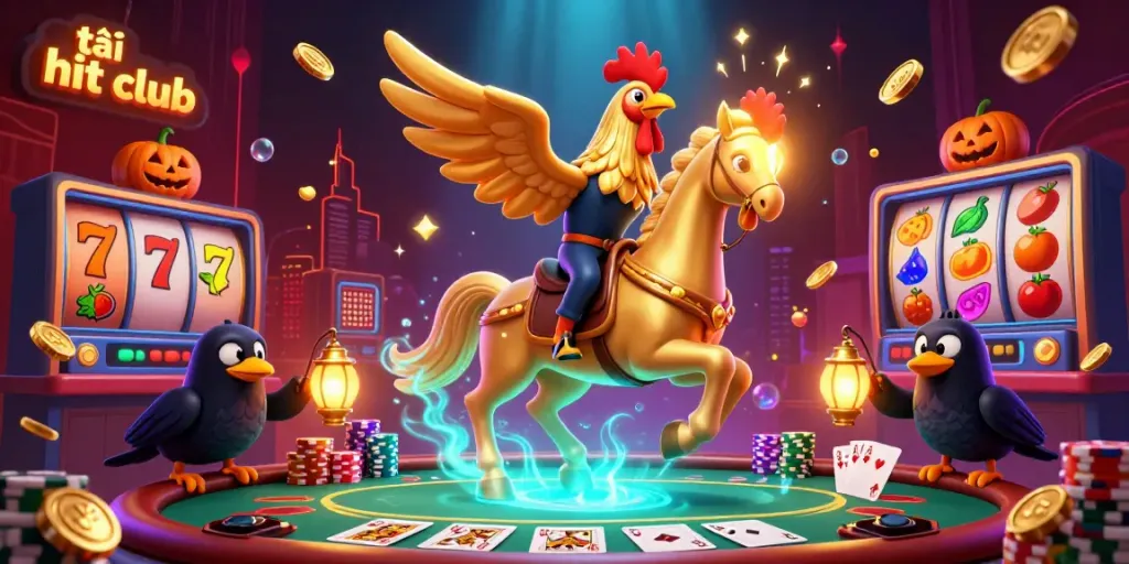 Engage in the excitement of tải hit club with a vibrant casino scene featuring a golden rooster and gaming elements.