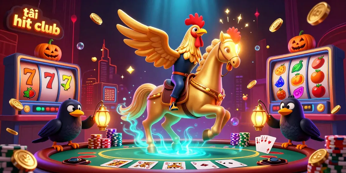 Engage in the excitement of tải hit club with a vibrant casino scene featuring a golden rooster and gaming elements.
