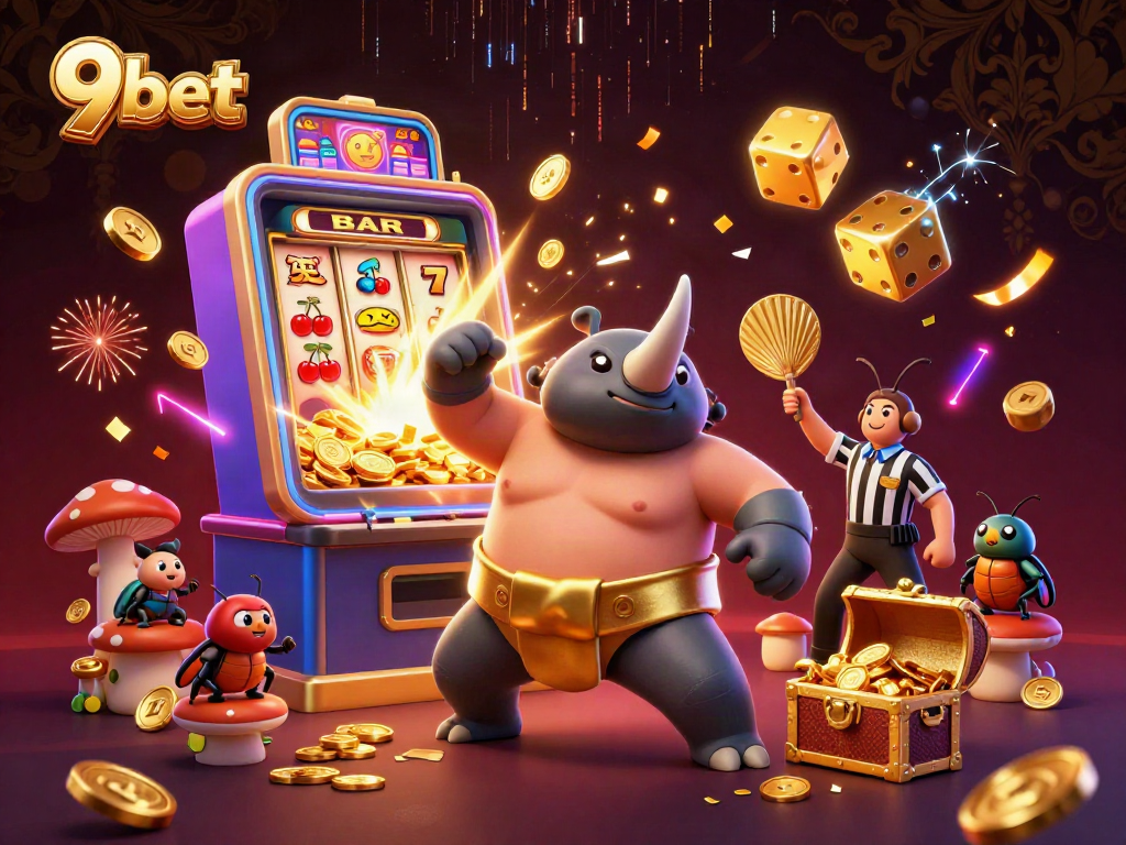 Experience the excitement of 9bet with a dynamic 3D illustration featuring a sumo beetle champion and casino elements.