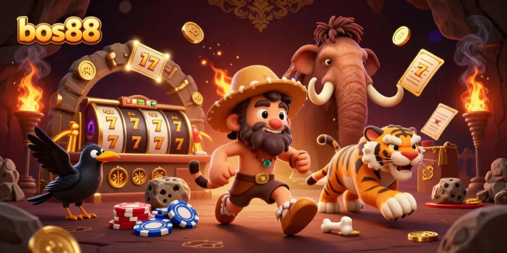 Experience thrilling gameplay at bos88 with cartoon cavemen, showcasing a vibrant prehistoric casino scene filled with action.
