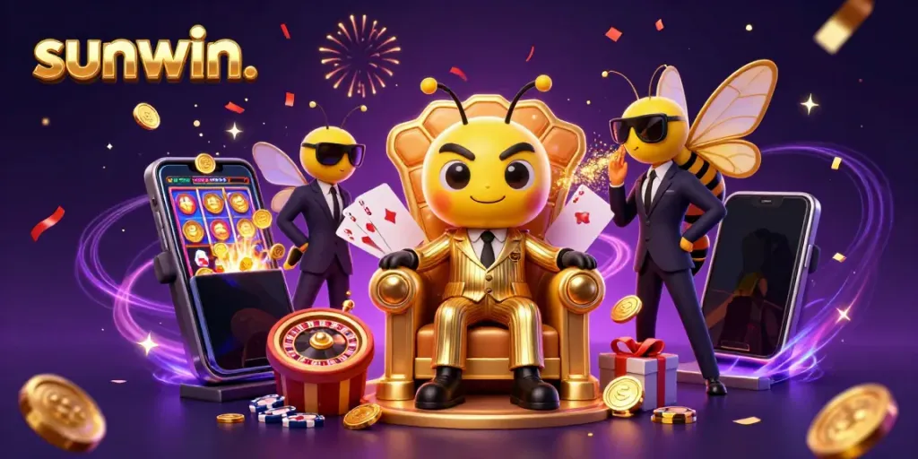 Experience excitement with sunwin. featuring a bumblebee mob boss and vibrant casino elements.