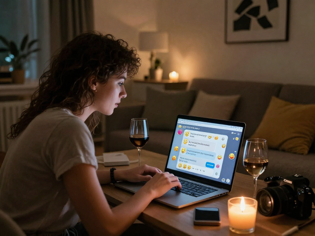 Couple engaging in porn chat AI interaction in cozy living room setting.