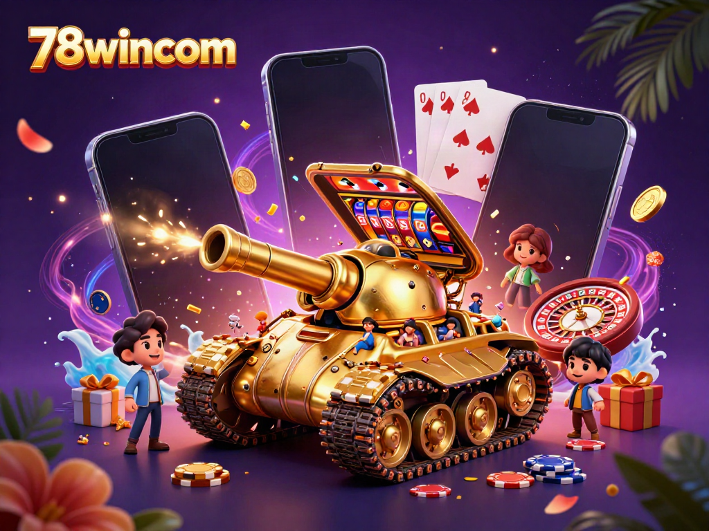 Experience excitement at 78wincom with a dynamic 3D illustration of a golden beetle tank casino bursting with action.