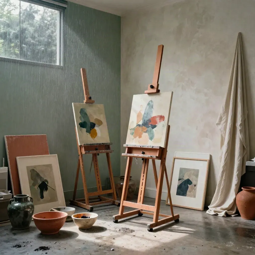 Moody Art And Soul studio with easels, wet canvases, pigment bowls and rain-lit haze.