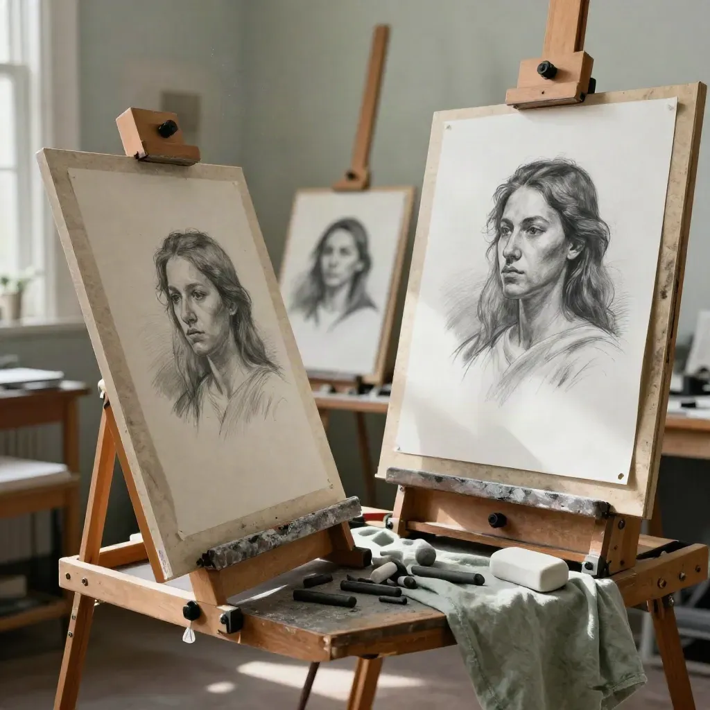 Art lesson nook with canvas, easel, charcoal studies, eraser, and sage cloth in soft studio light.