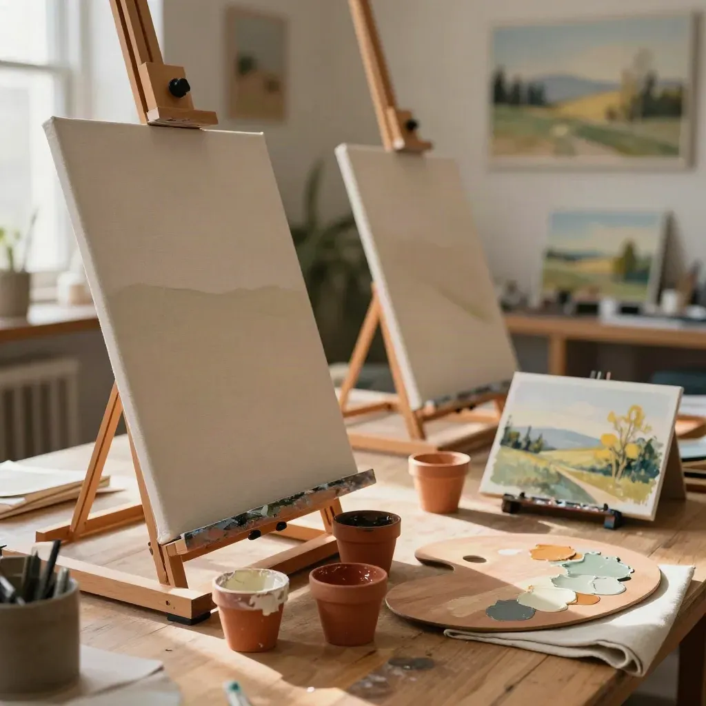 Beginner acrylic class setup with canvases, paint cups, palette board, and drying landscapes