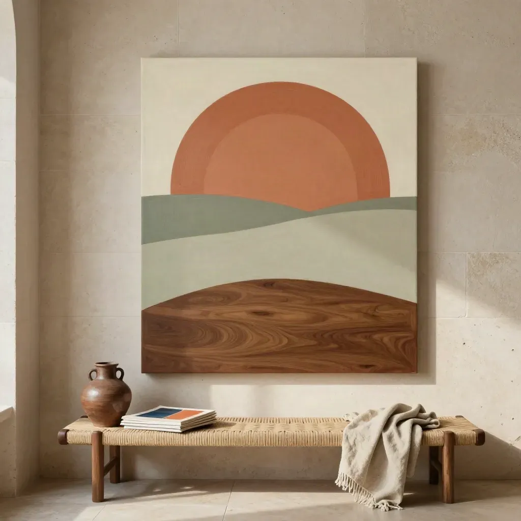 Large custom canvas in a stone-walled room vignette with bench and ceramic accents