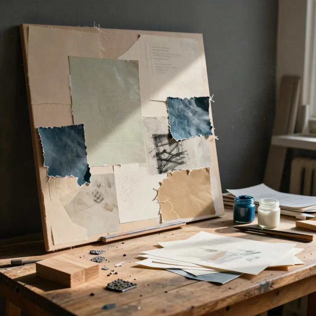 Mixed-media workshop boards, handmade papers, jars, and wood blocks on a cozy studio table.