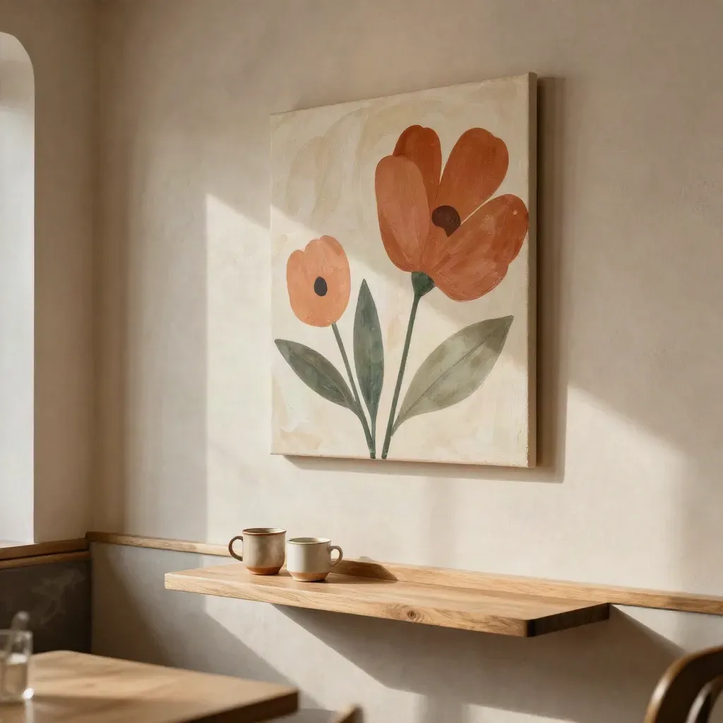 Custom abstract floral canvas above a pale café banquette with ceramic mugs in warm afternoon light.