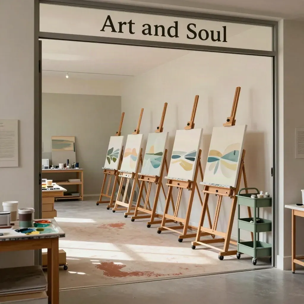 Empty studio with framed beginner canvases on easels, drying racks, and paint cups after class.