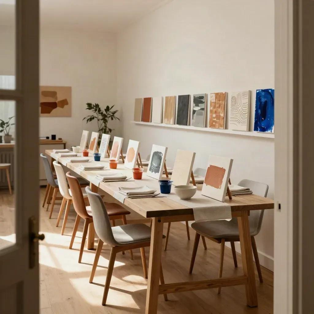 Creative events table with mini canvases, sealed paint cups, and sample art in a warm studio.