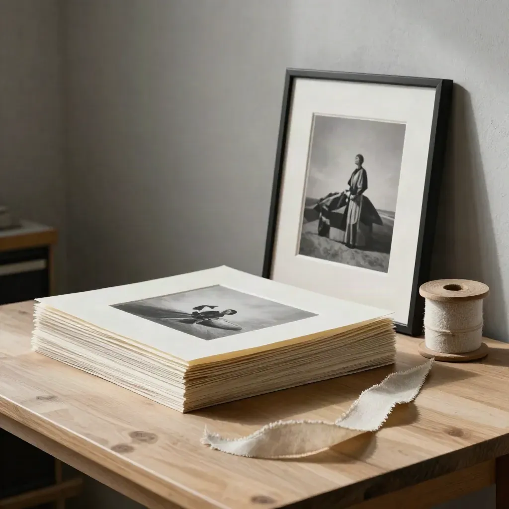 Signed art prints, tissue wrap, framed print, and linen ribbon spool in a moody studio still life.
