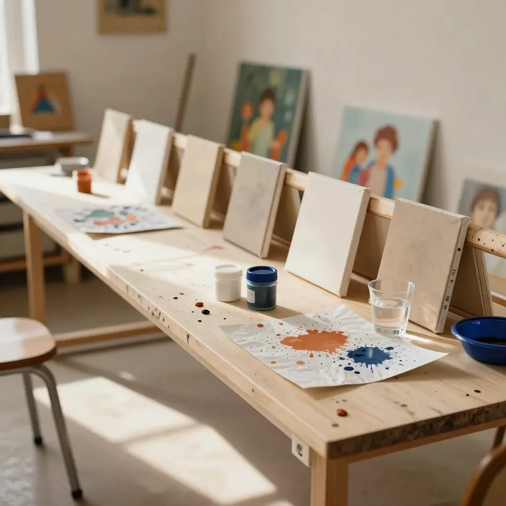 Long art workshop table with dried paint, small canvases, water cups and soft studio light.