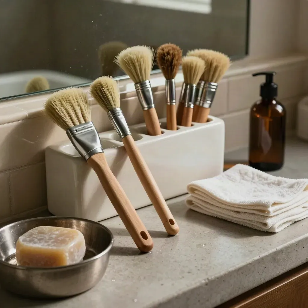 Brushes, soap, terry cloths and drying rack arranged beside a sink with soft daylight