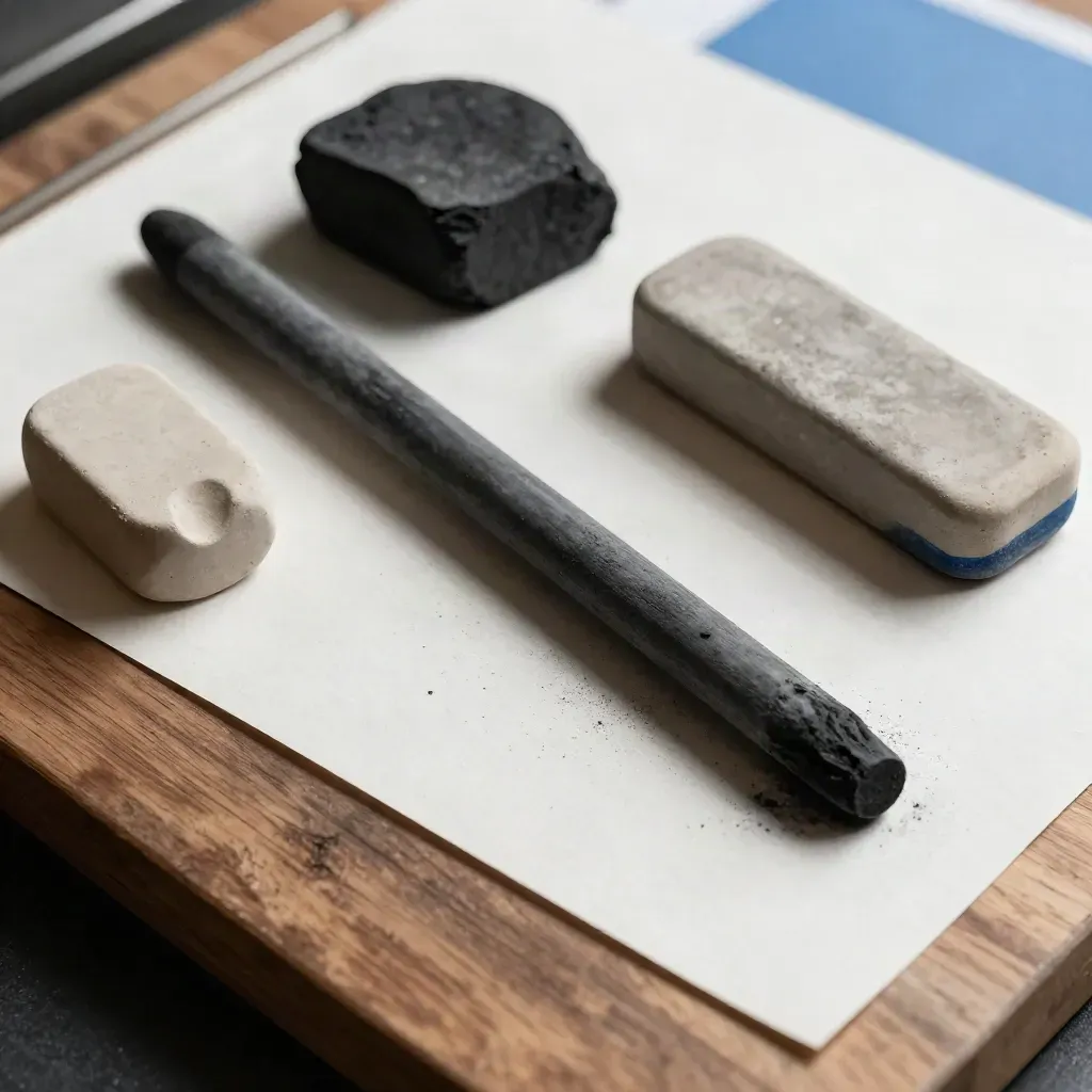 Graphite drawing tools and a sketch block arranged on a dark studio board under dramatic light.