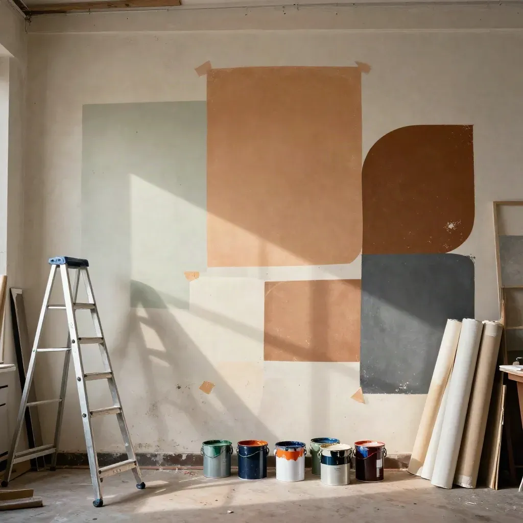 Dramatic mural planning wall with taped color fields, ladders, paint pails, and rolled canvases in dust.