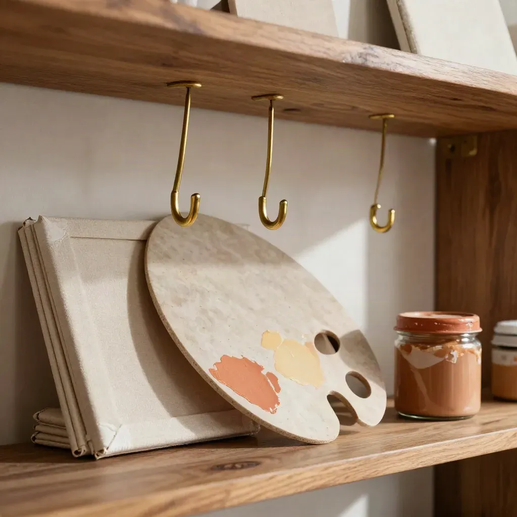 Low-angle macro of brass hooks, stone palette, mini canvases and jar on a walnut studio shelf.