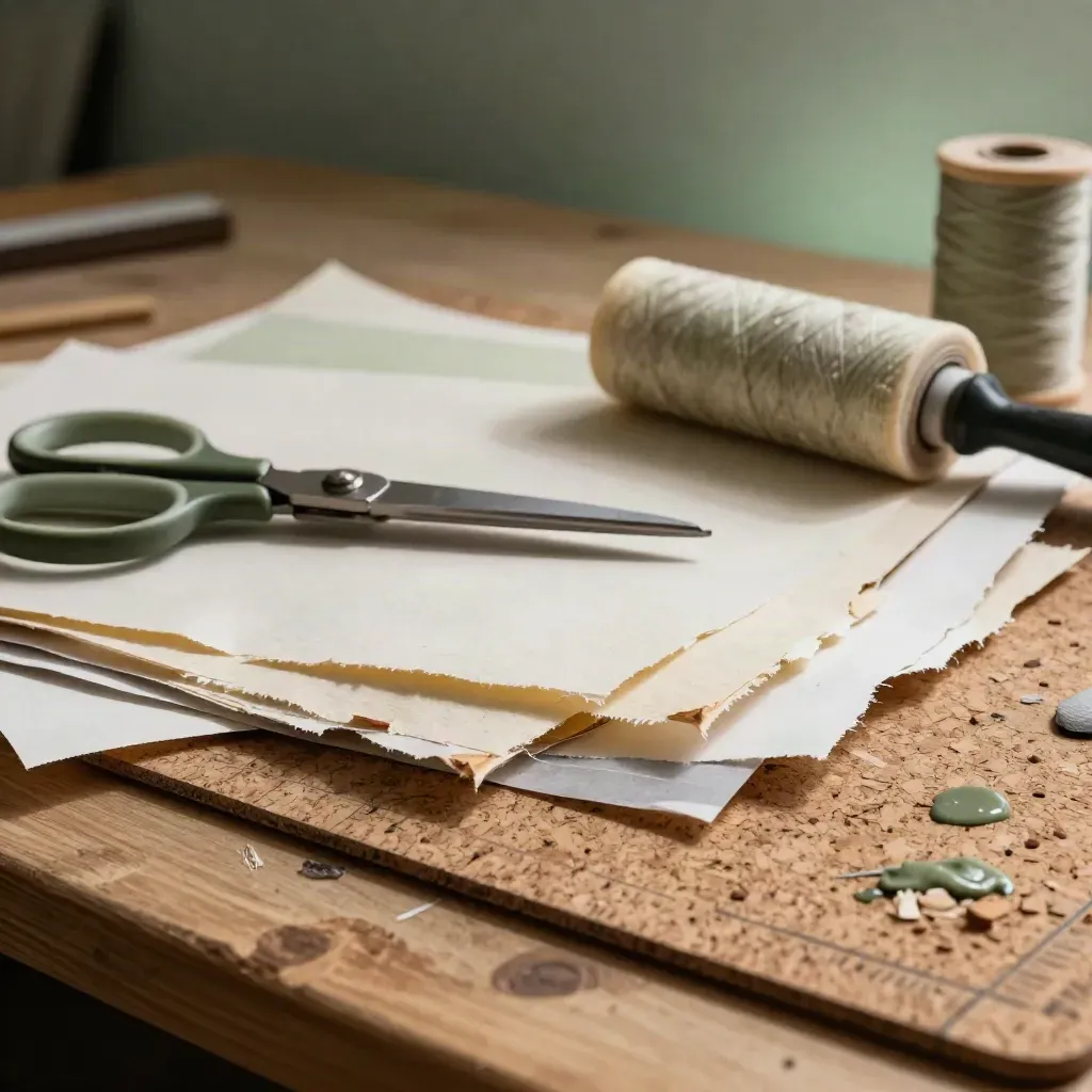 Macro of collage scissors, handmade papers, adhesive roller, thread spool, and cork cutting mat on a studio bench.