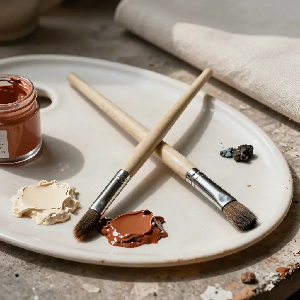 Extreme macro of sable brushes, oil paint, varnish jar, and linen canvas on a painter’s workbench.