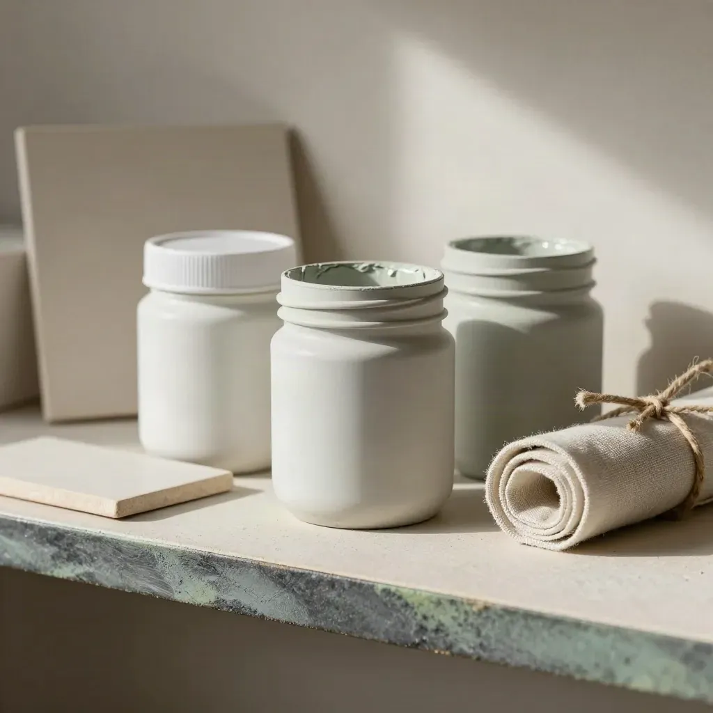 Paint jars, ceramic tile and linen swatch on a plaster shelf, softly lit from the side.