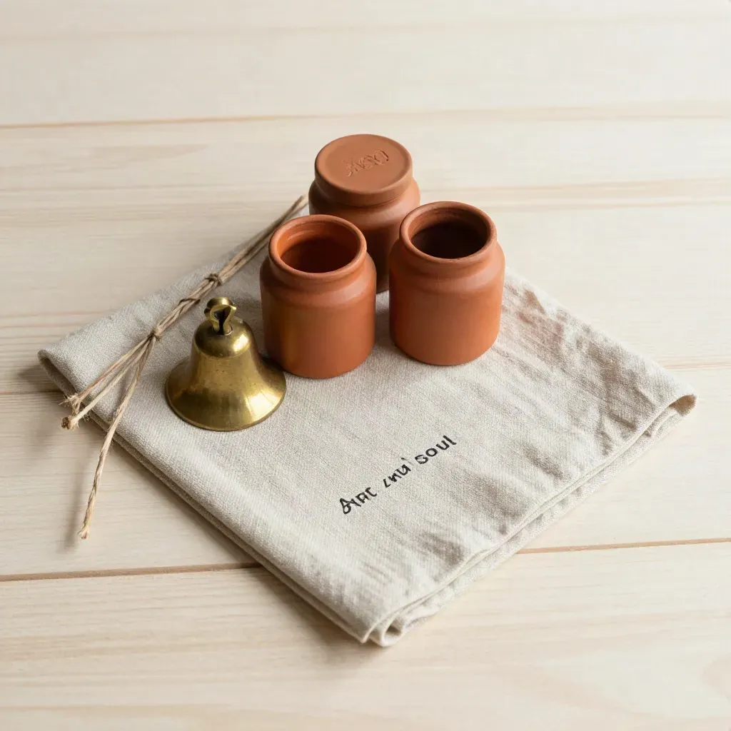 Top-down still life of pigment jars, brass bell, twine and linen on pale wood.