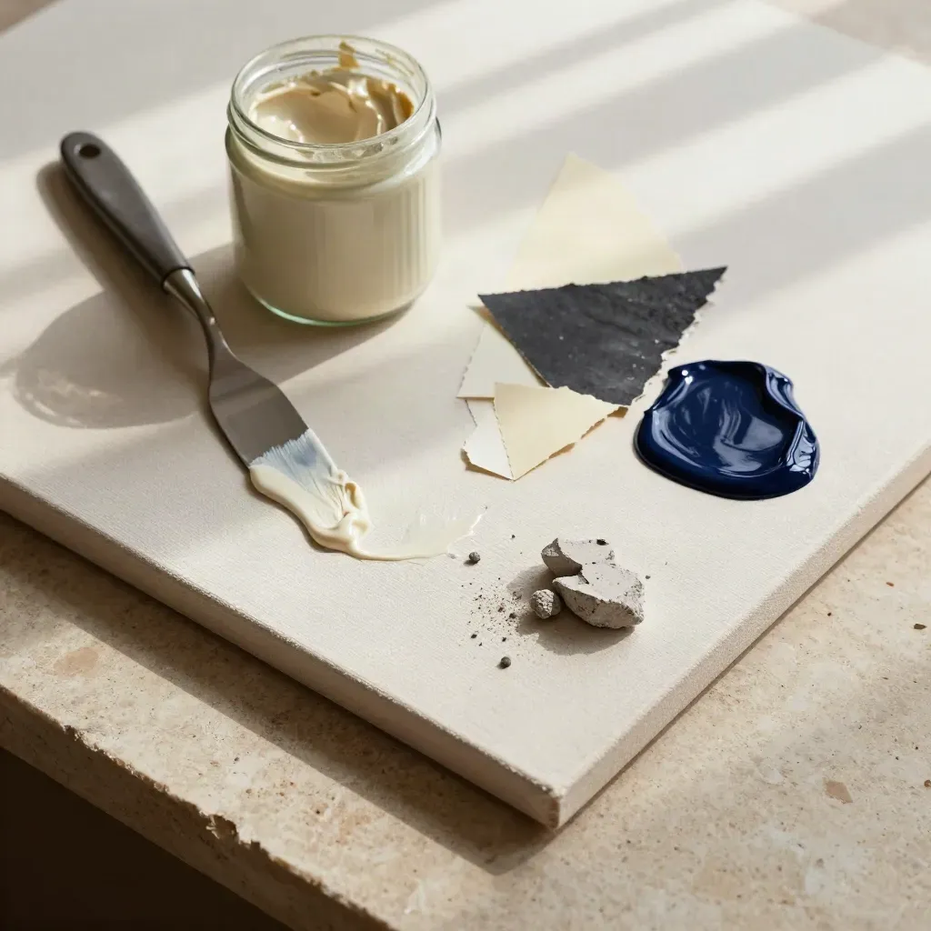 Overhead flatlay of canvas board, gesso, palette knife, cut paper and gel sample on warm stone