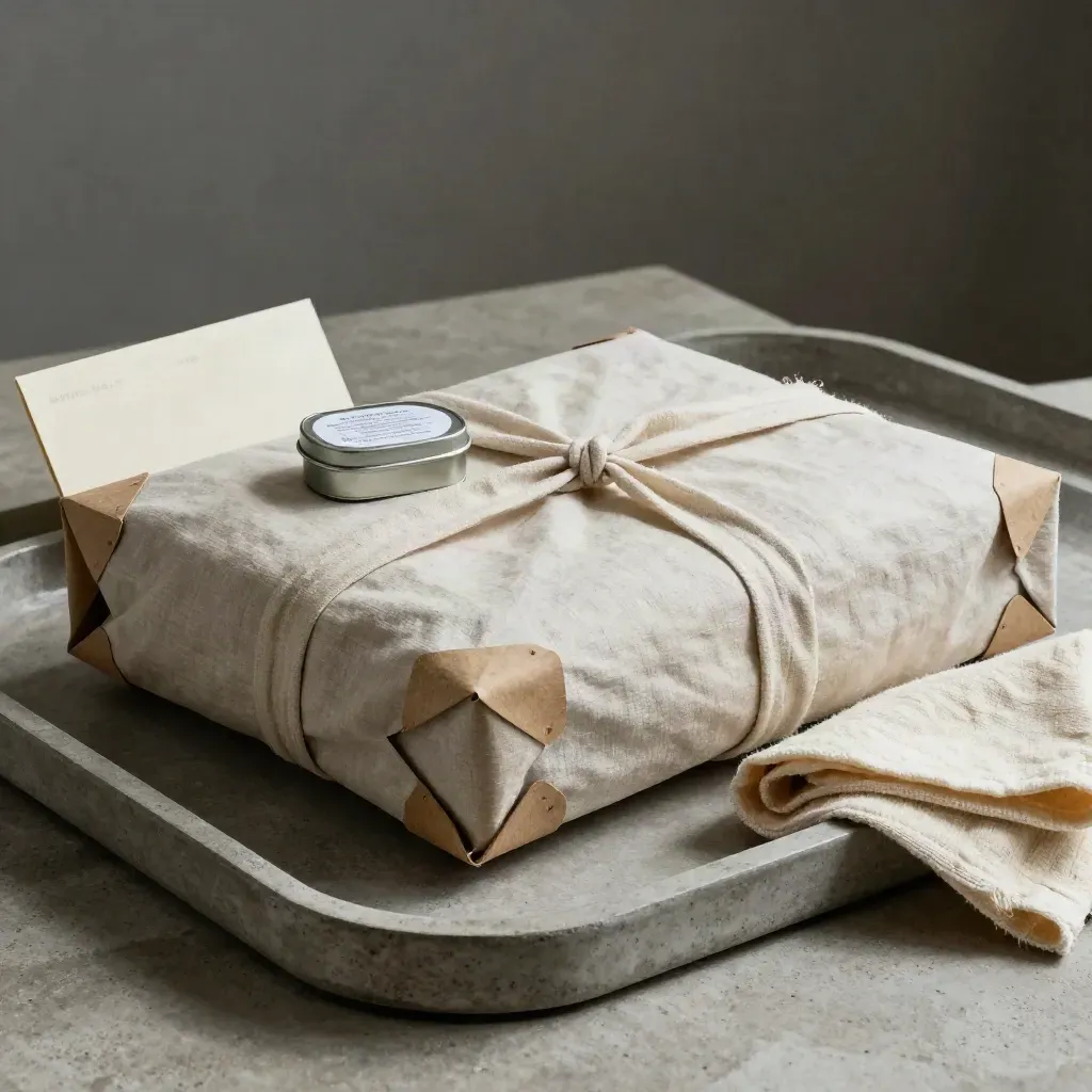 Wrapped artwork with kraft protectors, linen tie and care tin on a stone tray in soft light