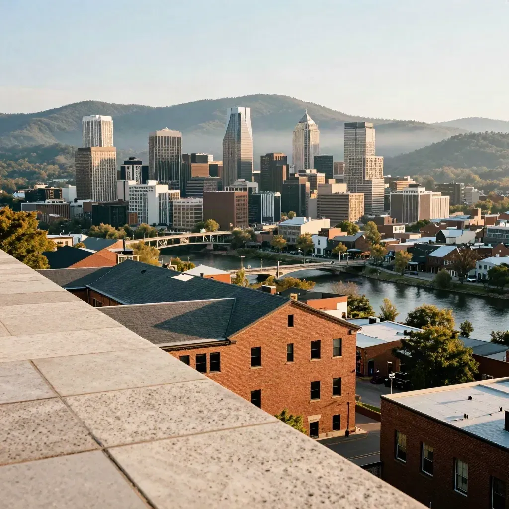 Asheville skyline at golden hour with mist over the Blue Ridge and river arts warehouses.
