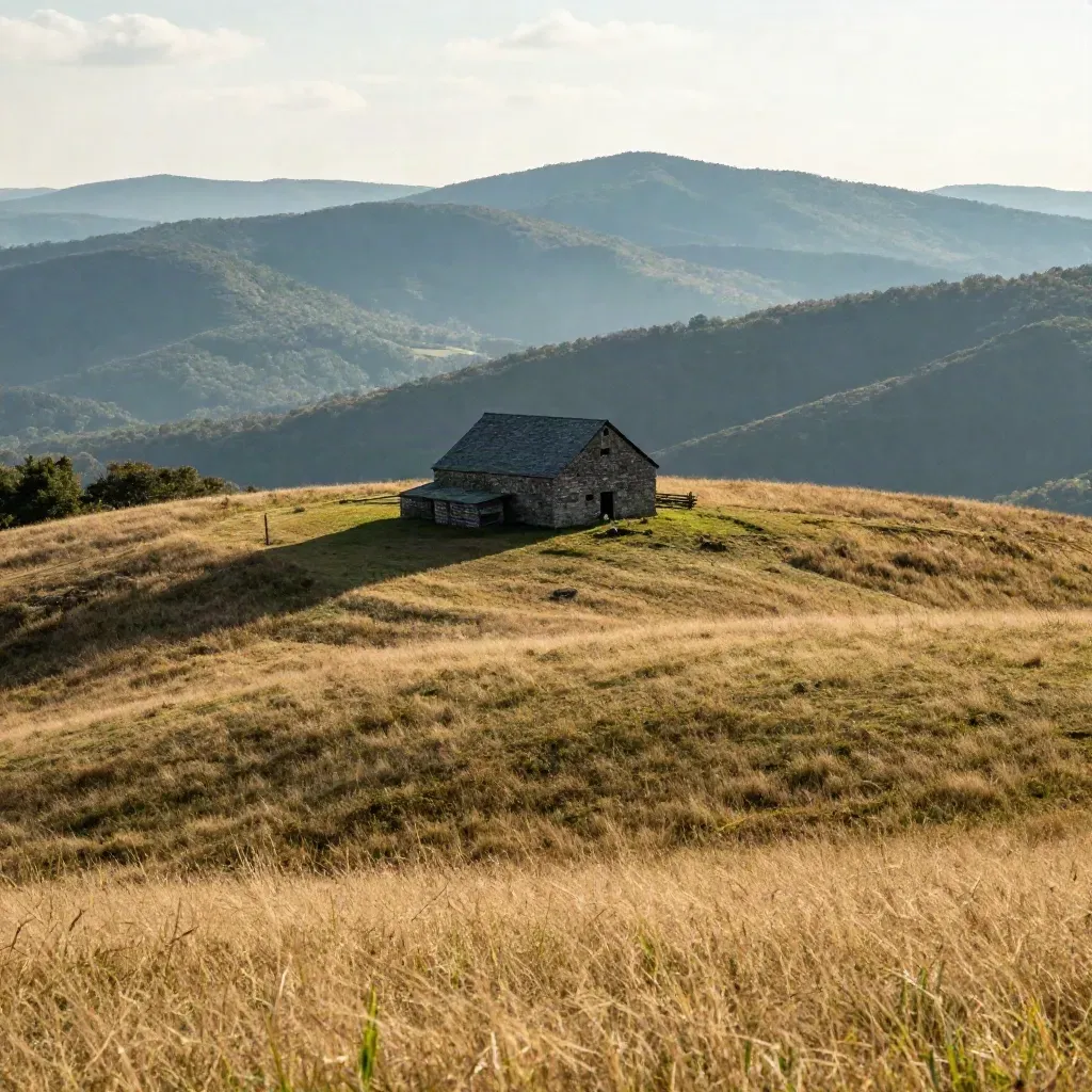 Black Mountain over Buncombe County pasture with a stone barn and hazy layered foothills
