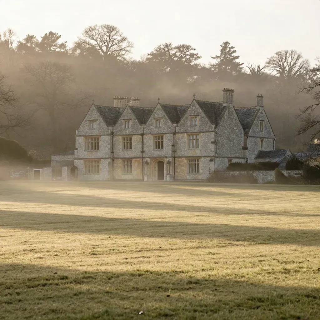 Foggy Henderson County hills with a stone manor roofline above a quiet meadow at golden hour.