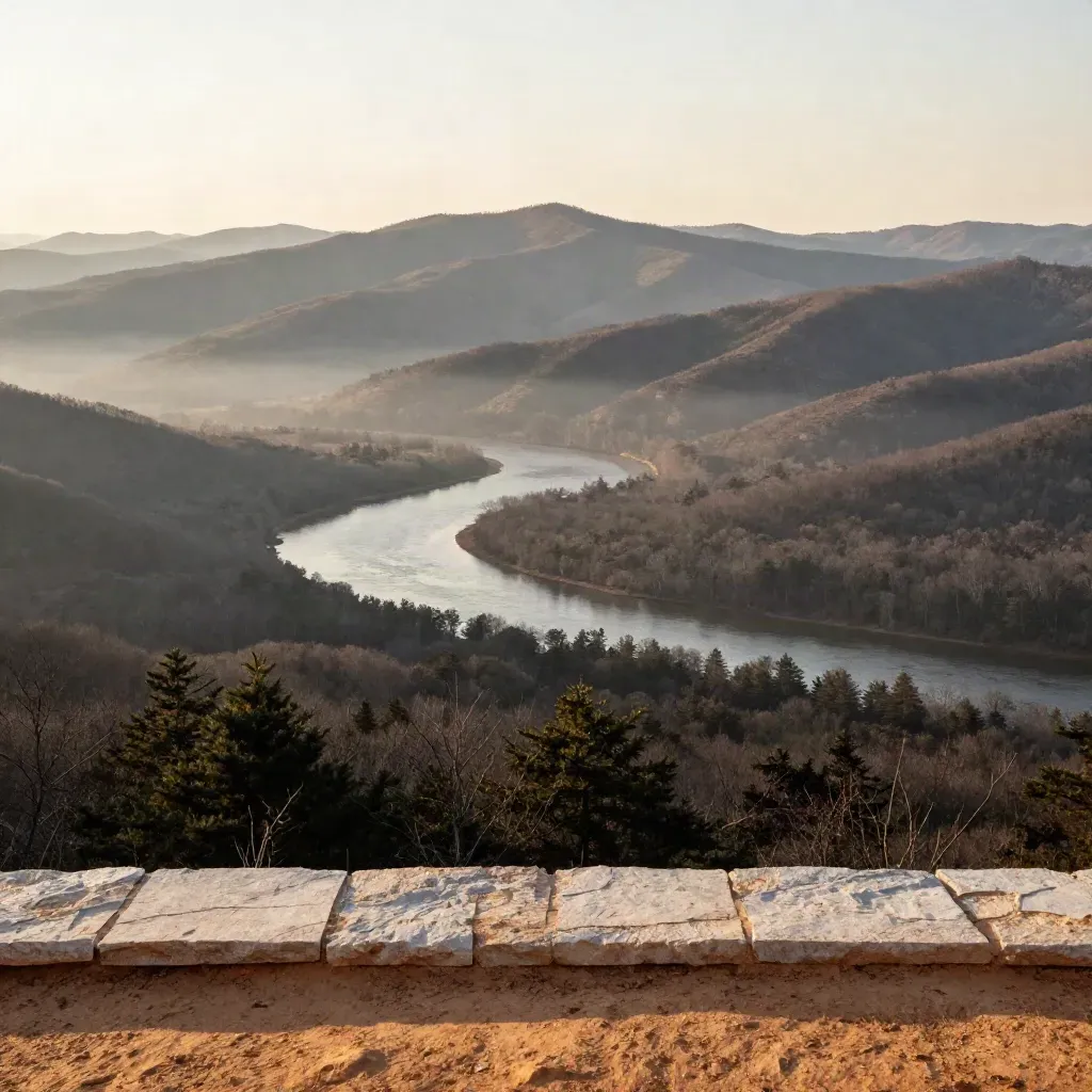 Layered Western North Carolina ridges and a river bend glowing through sunset haze.
