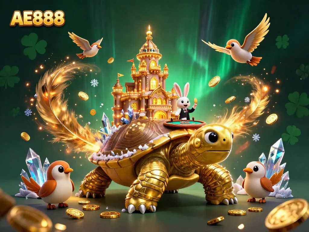 Join the AE888 action with a vibrant casino scene featuring a golden tortoise and rabbit dealer.