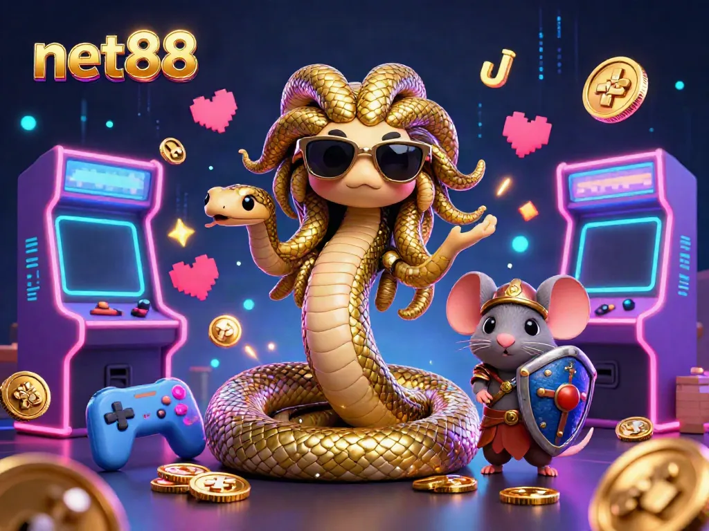 Play online casino games with net88 featuring a cute Medusa and warrior mouse amidst arcade machines.