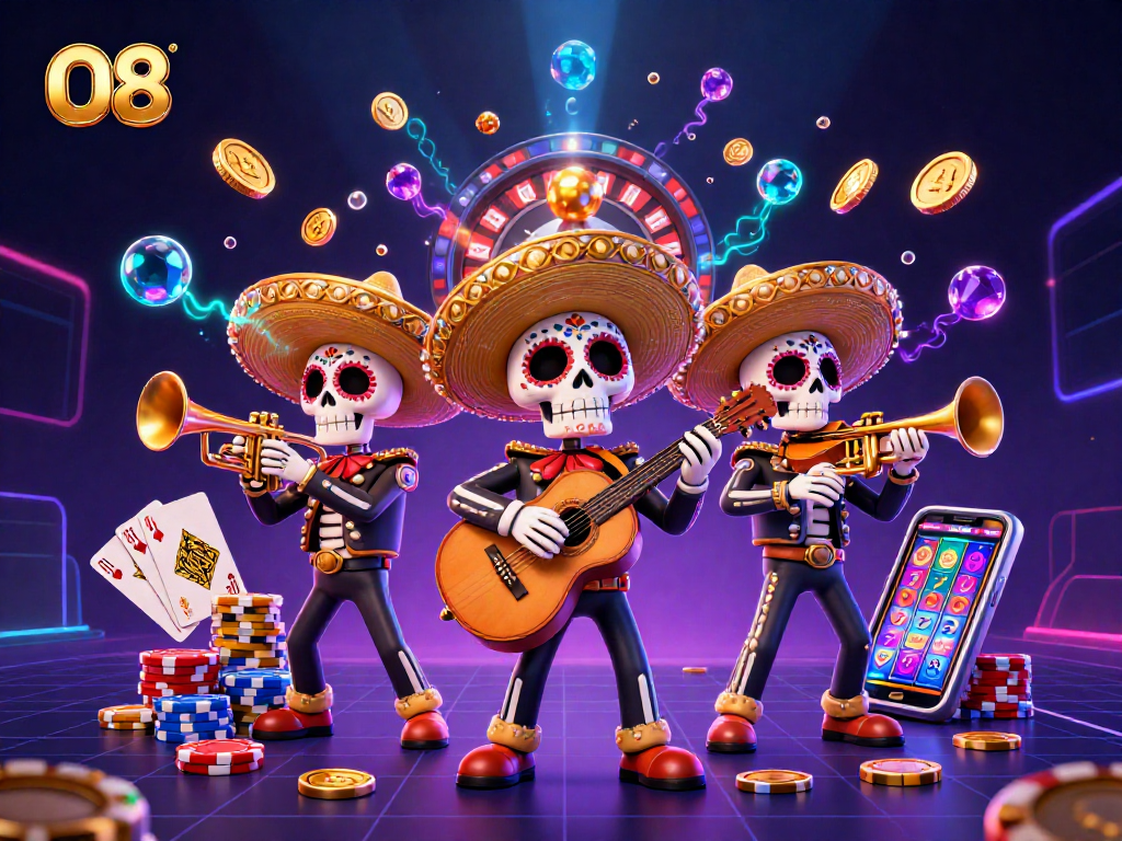 O8 brings excitement as a mariachi band plays, surrounded by gaming elements and vibrant treasures.