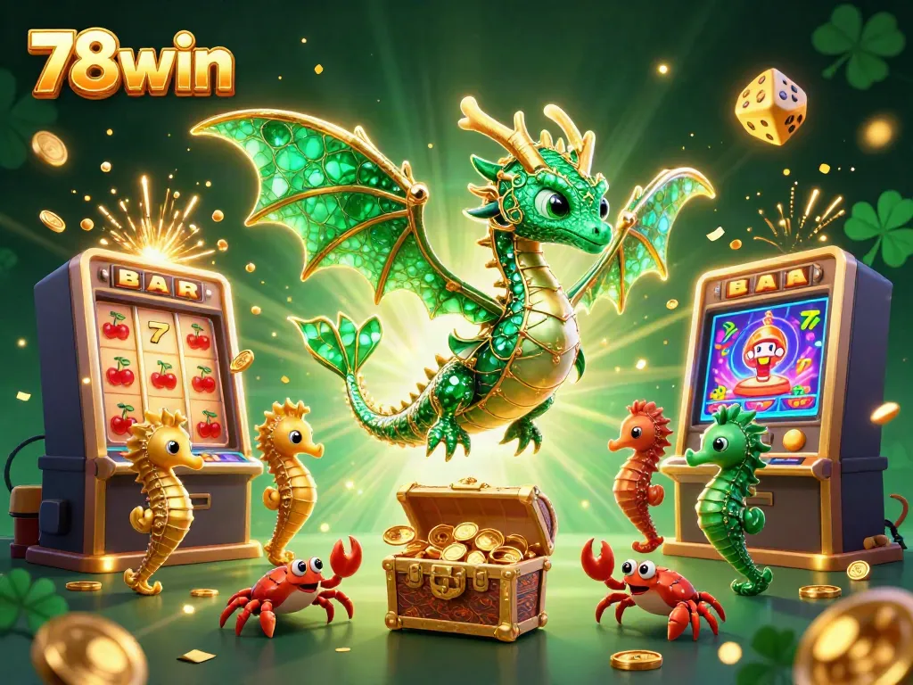 Experience the exciting world of 78win with a dragon and slot machines bursting with coins.