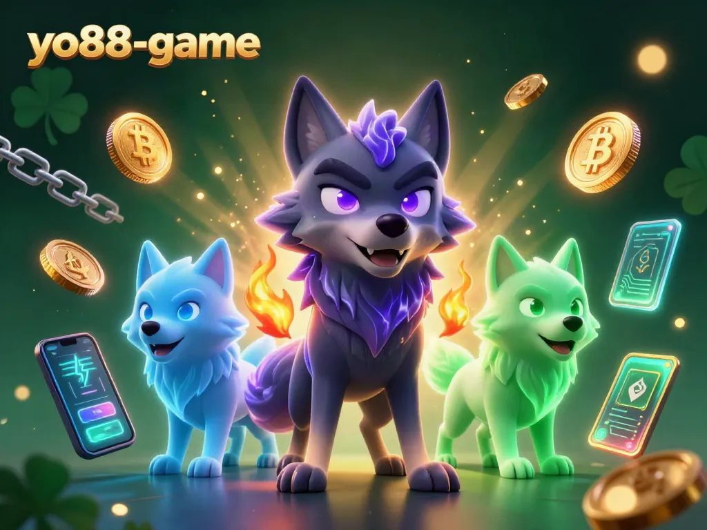Join the excitement at yo88-game with dynamic casino elements and glowing crypto coins!