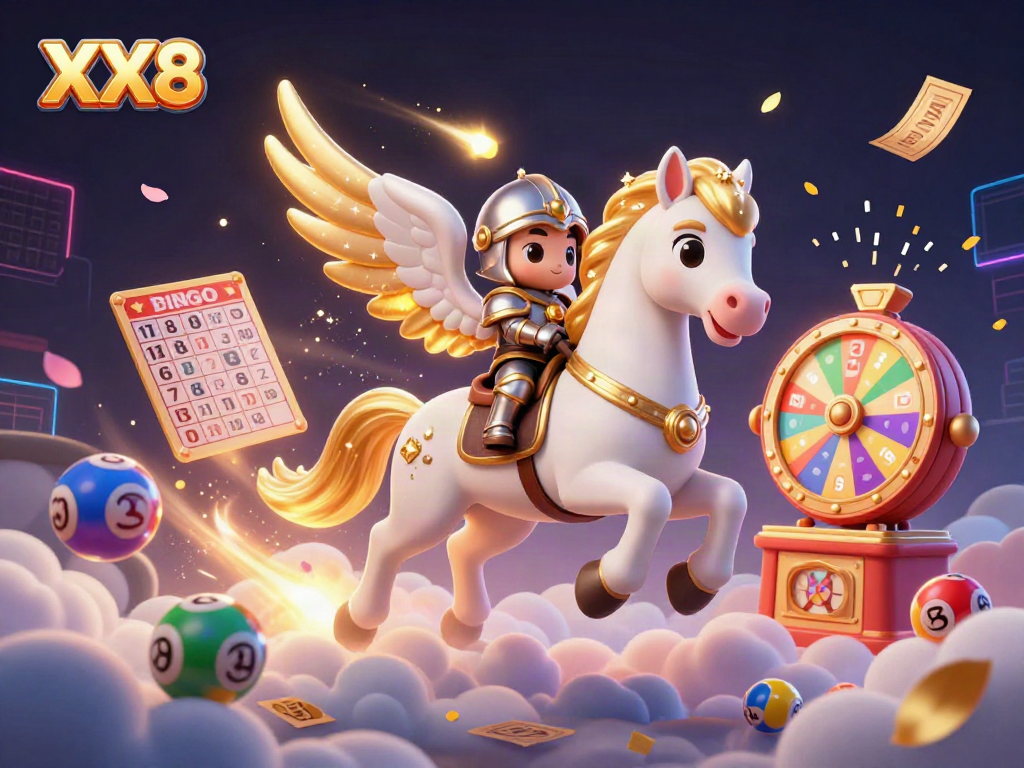 Engage in thrilling gameplay at XX8 with a lively 3D illustration of a golden-winged horse and interactive gaming elements.