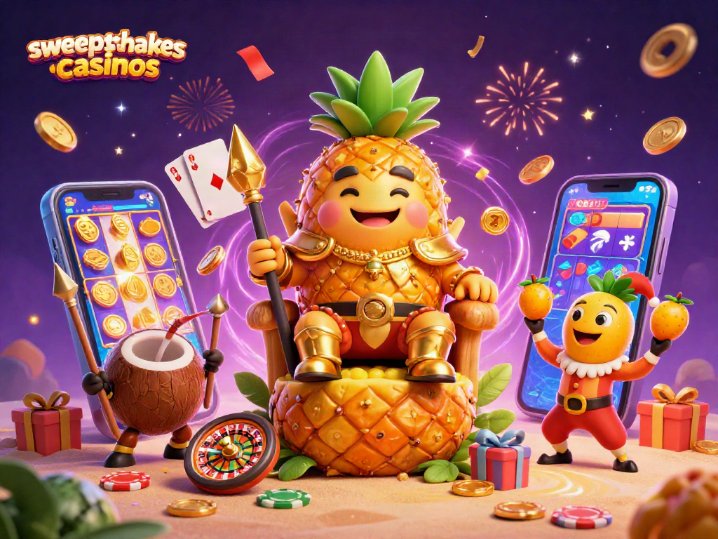 Experience the thrill of sweepstakes casinos with a dynamic 3D scene of a pineapple king and gaming elements.