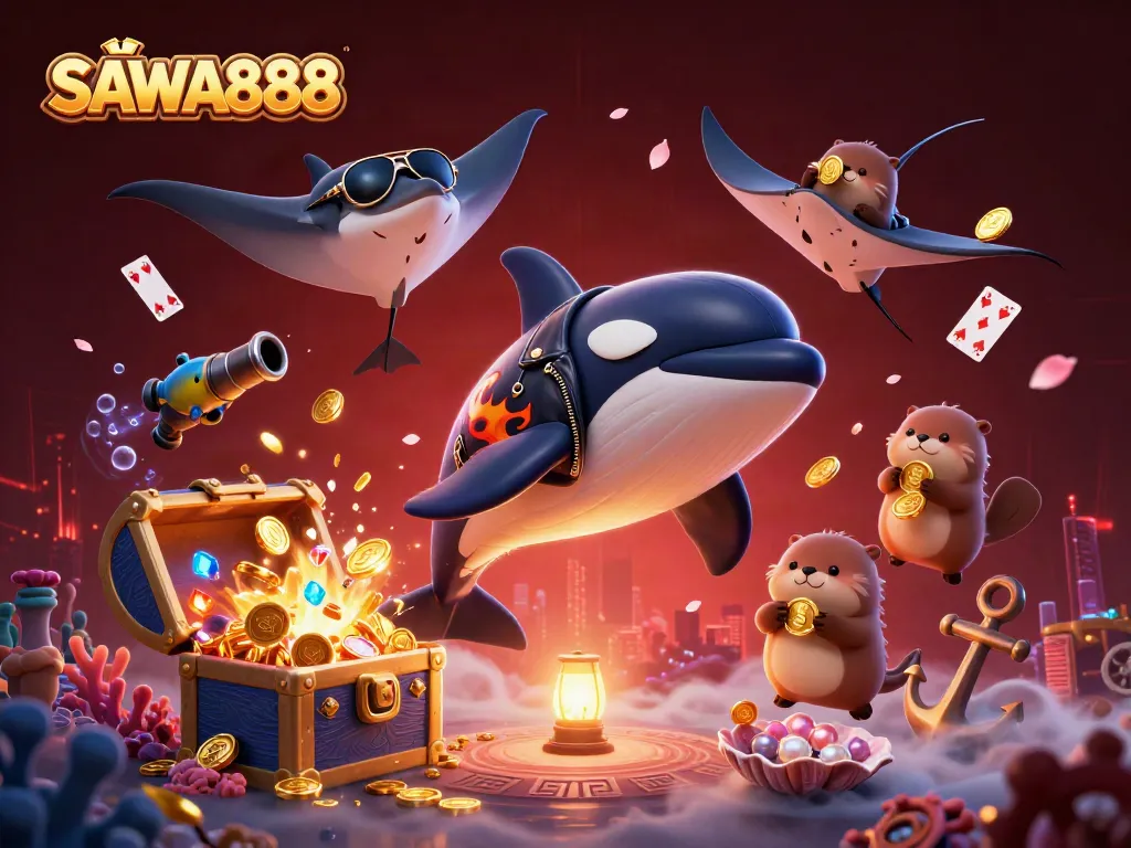 Experience the thrill of gaming with SAWA888 in this dynamic underwater casino scene.