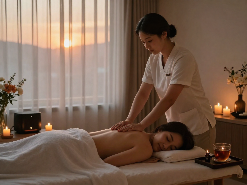 Peaceful 인천출장마사지 scene with a therapist and client, creating a relaxing home atmosphere.