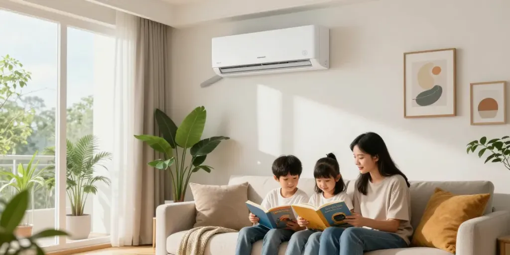 Family enjoying comfort with mini split AC in stylish living room