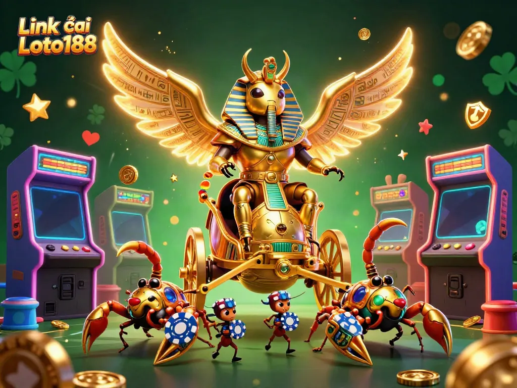 Activate your luck with Link vào Loto188 in this vibrant 3D casino scene featuring an epic beetle warrior.