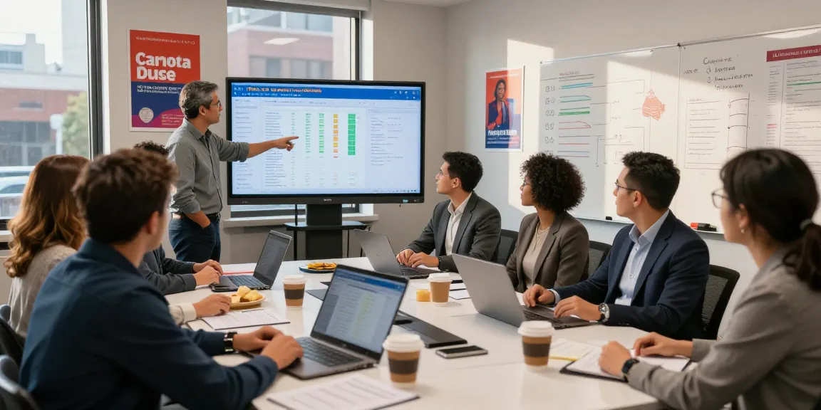City council campaign consultant team strategizing with voter data in a modern office.