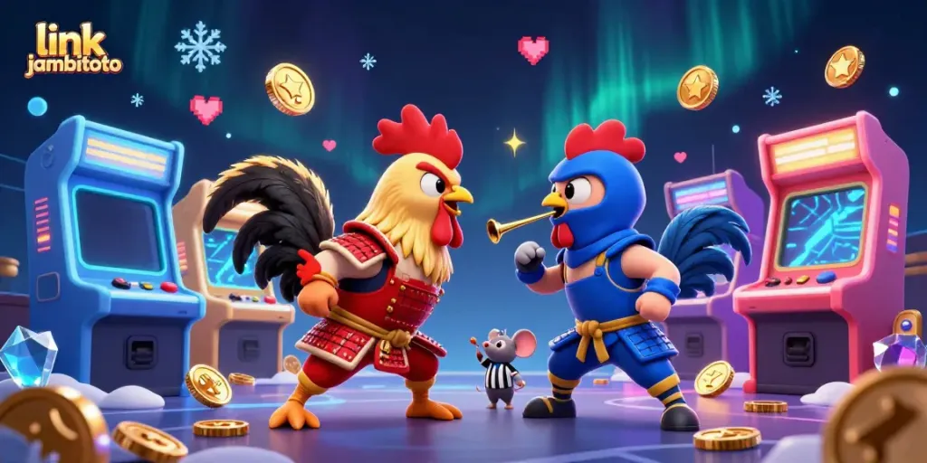 Engage with link jambitoto in an epic showdown of cartoon roosters amidst casino-themed gaming elements.