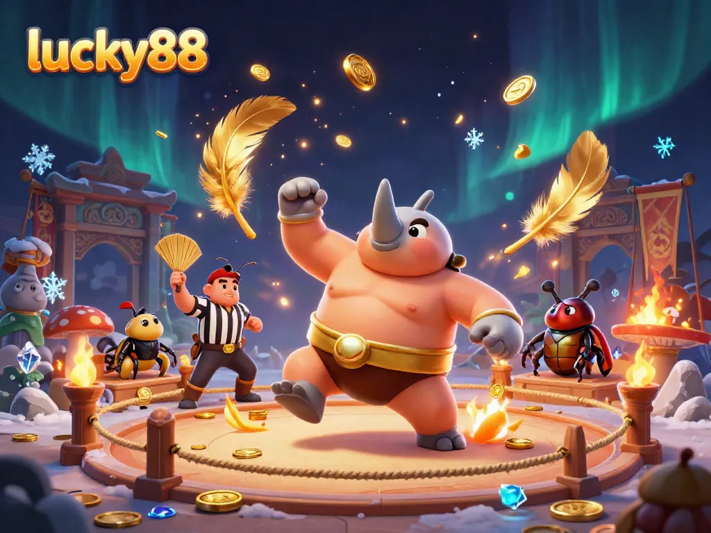 Engage with the lively lucky88 scene featuring a sumo beetle champion in action amidst swirling coins and vibrant elements.