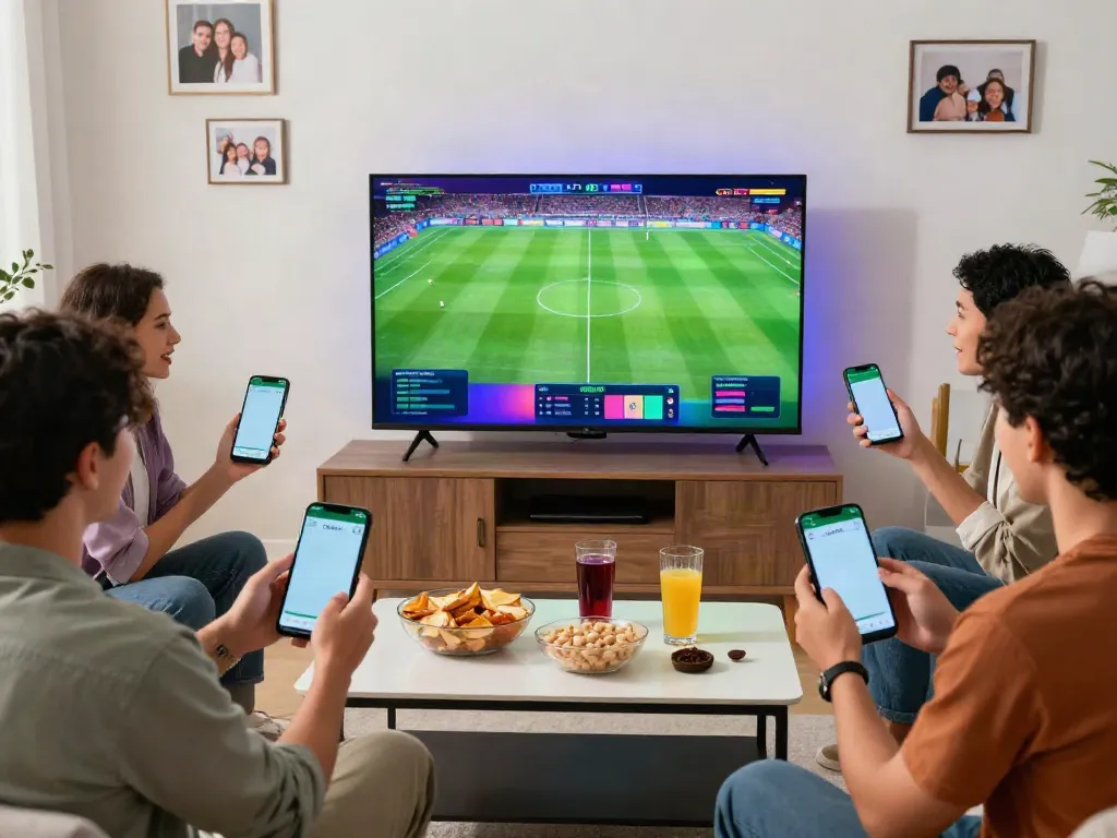 Group of friends enjoying a live football match while using Debet net app on smartphones in a lively setting.